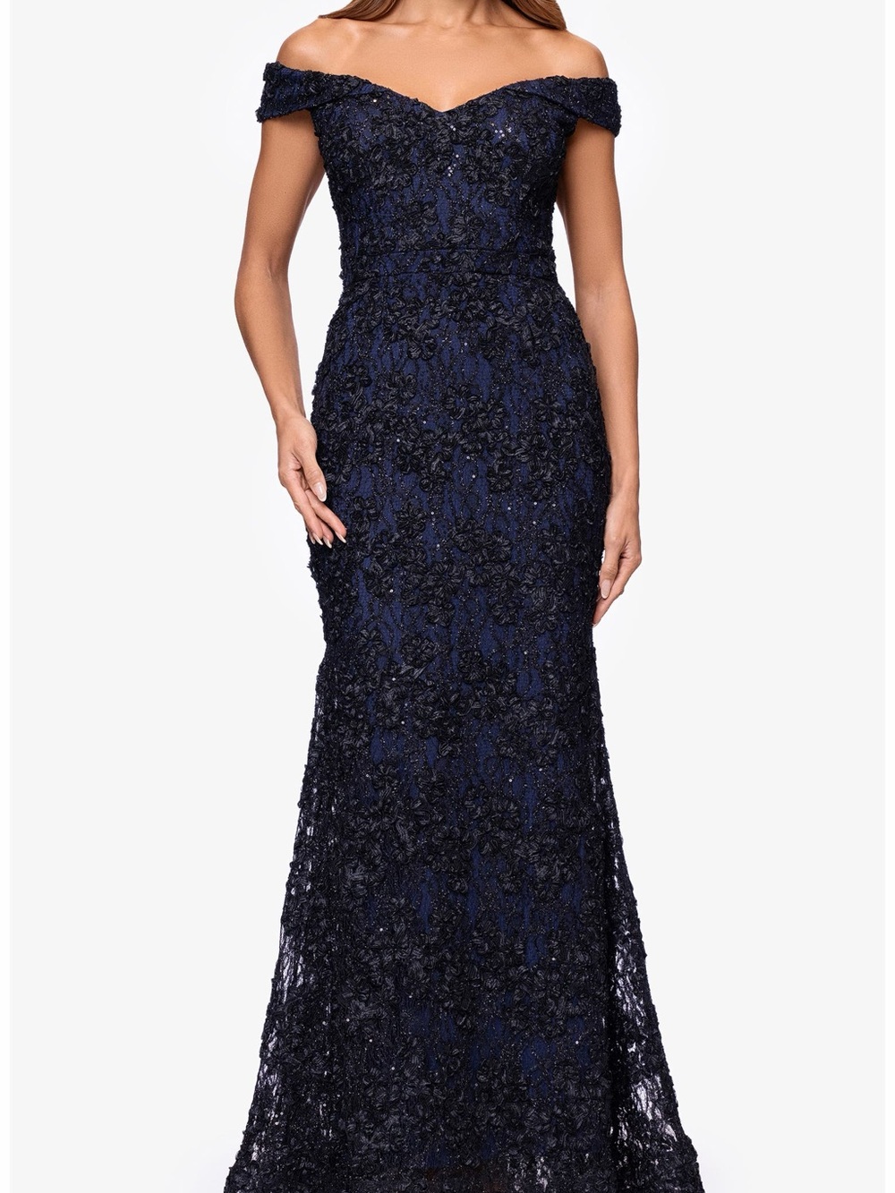 Xscape Navy Off-Shoulder Lace Strapless Evening Gown